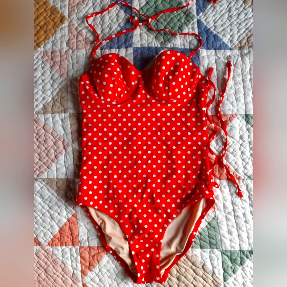 Red and white polka dot one piece (size 8)